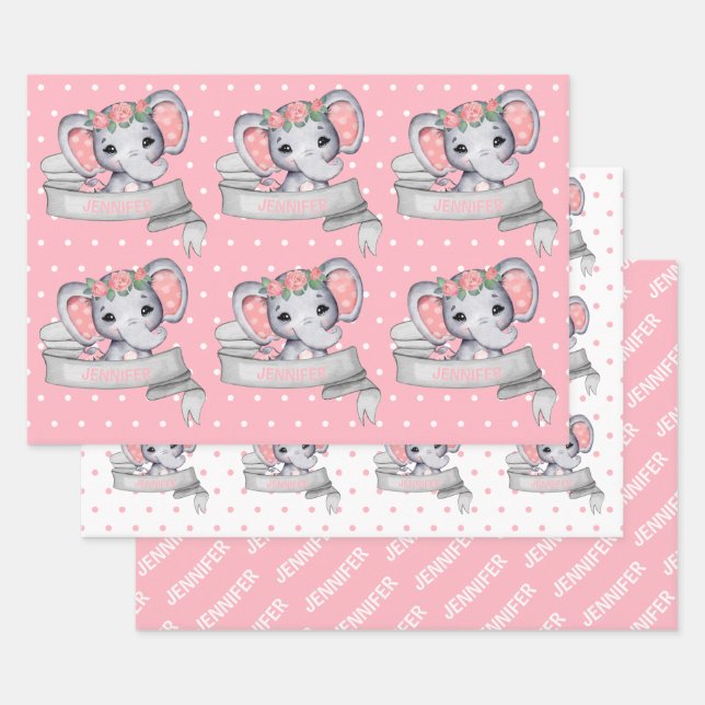 Personalized Name Elephant Baby Girl Pink Pattern Wrapping Paper Sheets (Set)