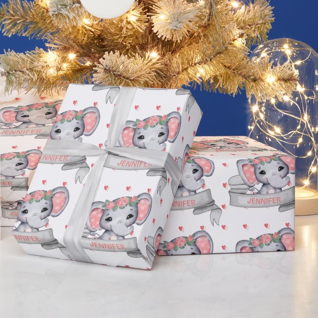 Personalized Name Elephant Baby Pink Girl Hearts Wrapping Paper (Holidays)