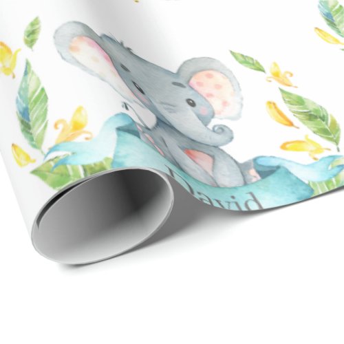 Personalized Name Elephant Baby Teal and Gray Wrapping Paper