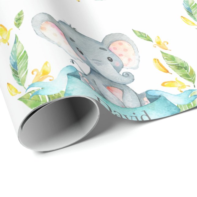 Personalized Name Elephant Baby Teal and Gray Wrapping Paper (Roll Corner)