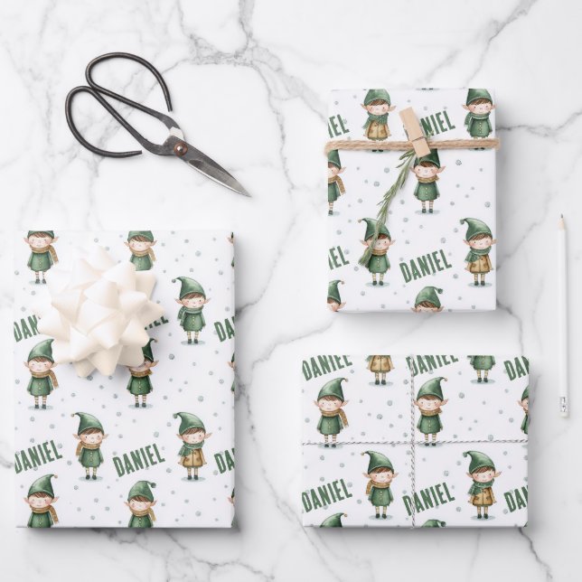 Personalized Name Elf Christmas Wrapping Paper Sheets (Front)