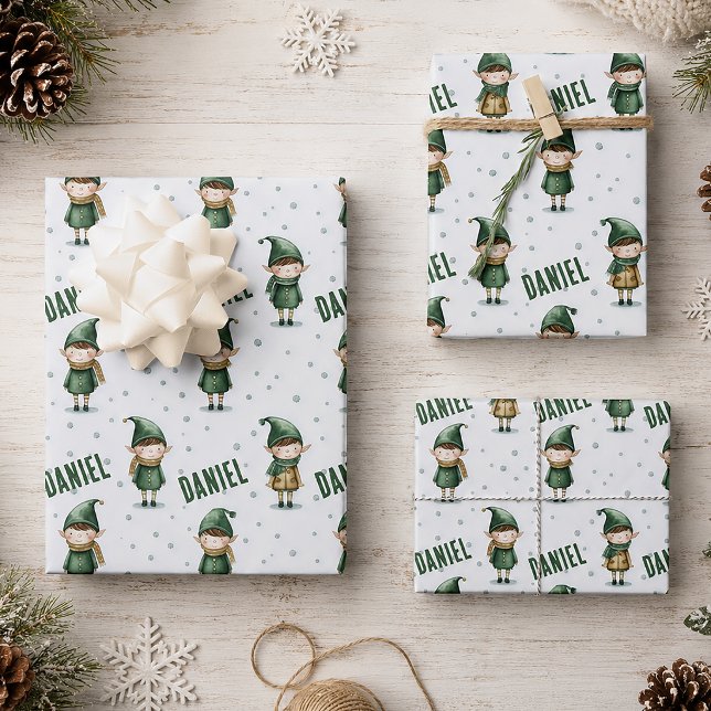 Personalized Name Elf Christmas Wrapping Paper Sheets (Personalized Name Christmas Gift Wrap)
