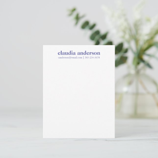 Personalized Name Email Phone Office School Purple Note Card (Standing Front)