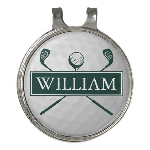 Personalized Name Emerald Green Ball And Clubs Golf Hat Clip