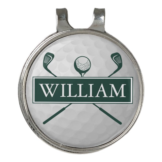 Personalized Name Emerald Green Ball And Clubs Golf Hat Clip (Front)