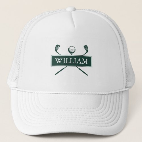 Personalized Name Emerald Green Golf Ball And Club Trucker Hat
