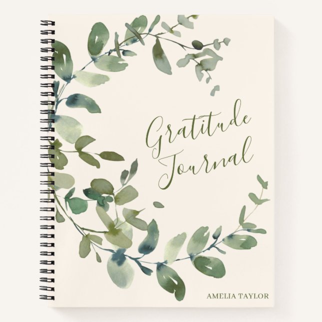Personalized Name Eucalyptus Watercolor Gratitude Notebook (Front)