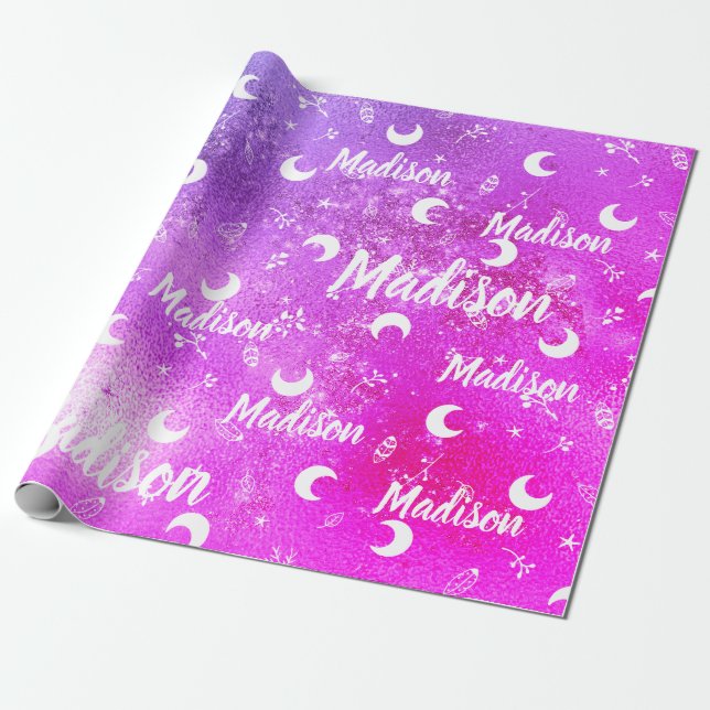 Personalized Name Fairy Chic Vibrant Fuchsia Pink Wrapping Paper (Unrolled)