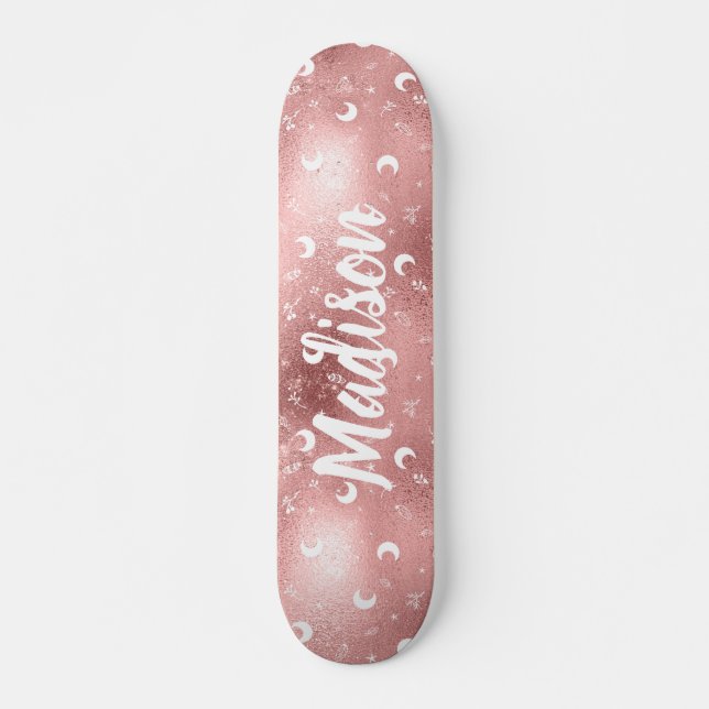 Personalized Name Fairy Pink Moon Rose Gold Chic Skateboard (Front)
