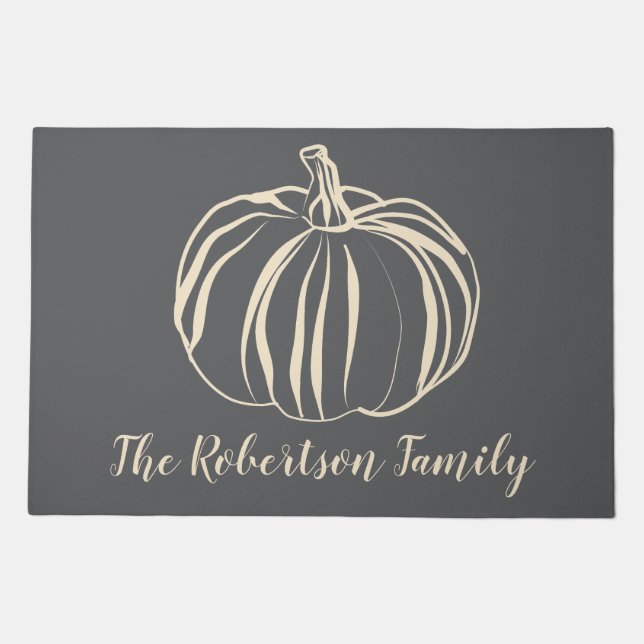 Personalized Name Fall Pumpkin Minimalist Gray Doormat (Front)
