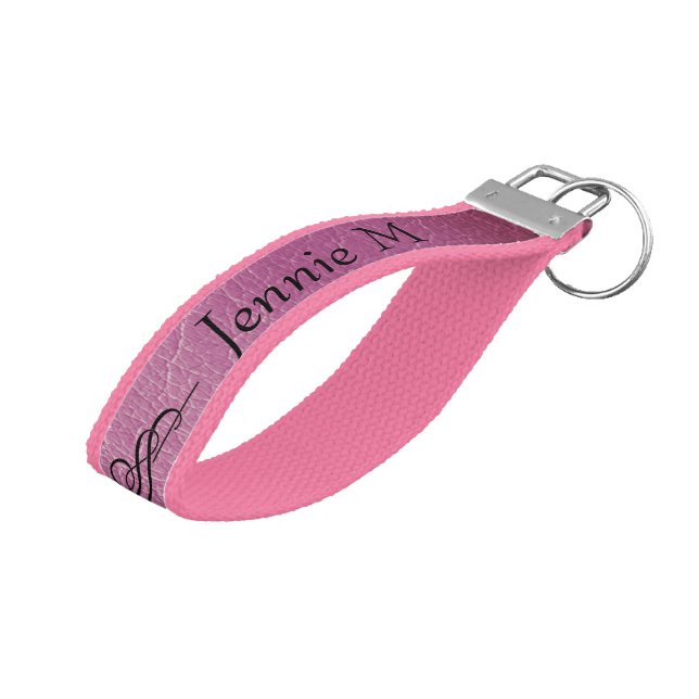 Personalized Name Faux Leather Pink Wrist Keychain (Angled Up)