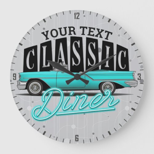 Personalized Name Faux Neon 50s Classic Car Diner Large Clock