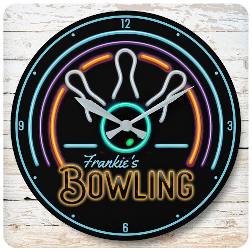 Personalized NAME Faux Neon Bowling Ball Pins Round Clock
