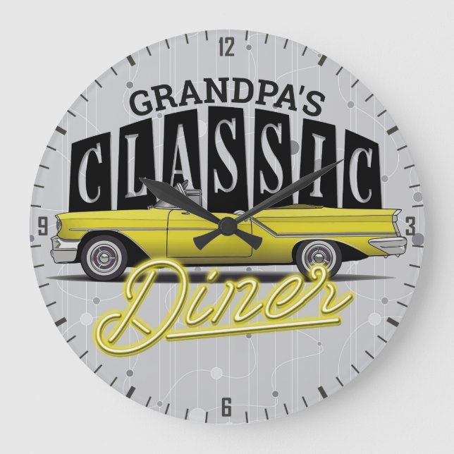 Personalized NAME Faux Neon Classic Car 50's Diner Large Clock (Front)