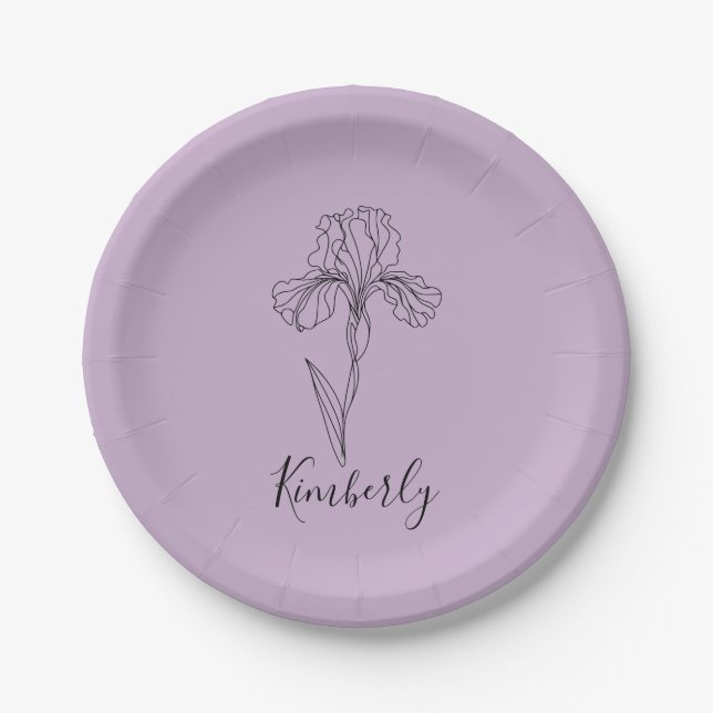 Personalized name February iris Birth Flower Paper Plates (Front)