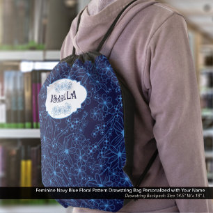 Personalized Name Feminine Blue Floral Pattern Drawstring Bag