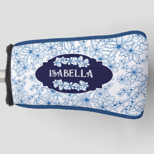 Personalized Name Feminine Blue Floral Pattern Golf Head Cover