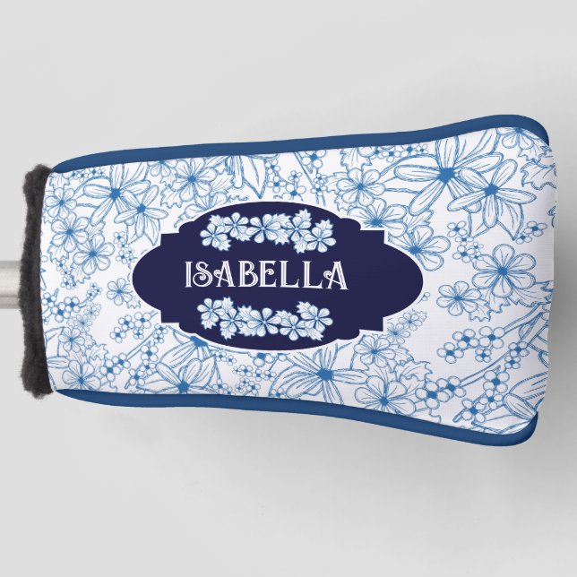 Personalized Name Feminine Blue Floral Pattern Golf Head Cover (Front)