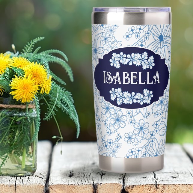 Personalized Name Feminine Blue Floral Pattern Insulated Tumbler (Feminine Blue Floral Pattern Insulated Tumbler–Personalized with Your Name)