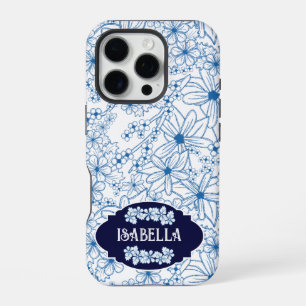 Personalized Name Feminine Blue Floral Pattern iPhone 16 Pro Case
