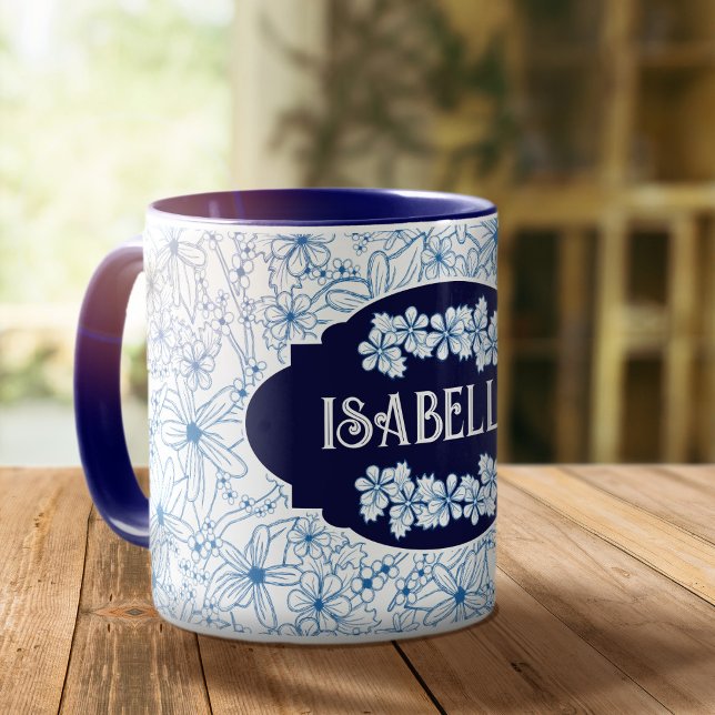 Personalized Name Feminine Blue Floral Pattern Mug (Feminine Blue Floral Patterned Mug–Create a Custom Mug with Your Name.)