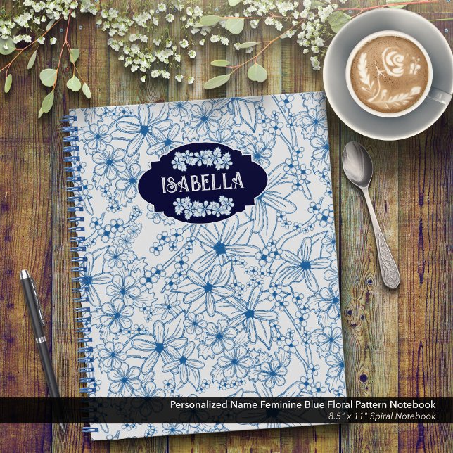 Personalized Name Feminine Blue Floral Pattern Notebook (Feminine Blue Floral Pattern Spiral Notebook–Personalized with Your Name)