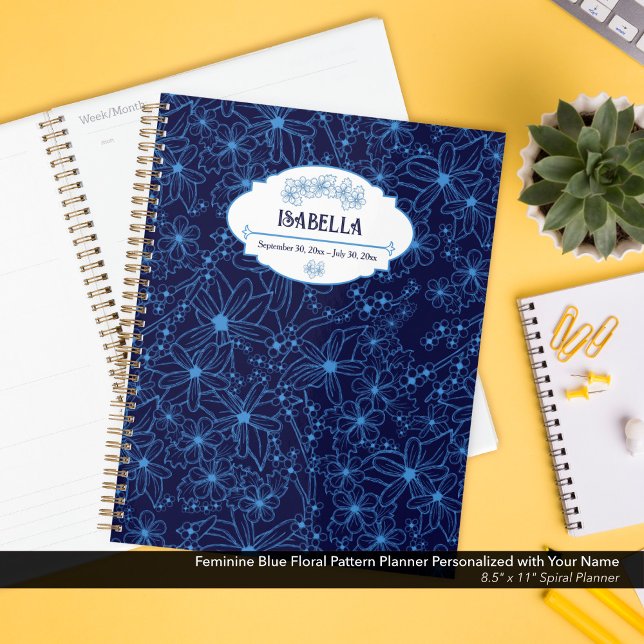 Personalized Name Feminine Blue Floral Pattern Planner (Feminine Navy Blue Floral Pattern Planner–Personalized with Your Name )