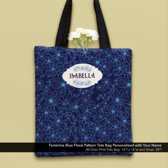 Personalized Name Feminine Blue Floral Pattern Tote Bag (Feminine Blue Floral Pattern Tote Bag–Personalized with Your Name)