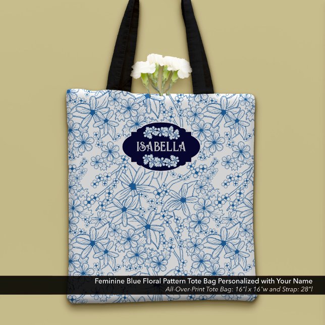 Personalized Name Feminine Blue Floral Pattern Tote Bag (Feminine Blue Floral Pattern Tote Bag–Personalized with Your Name)