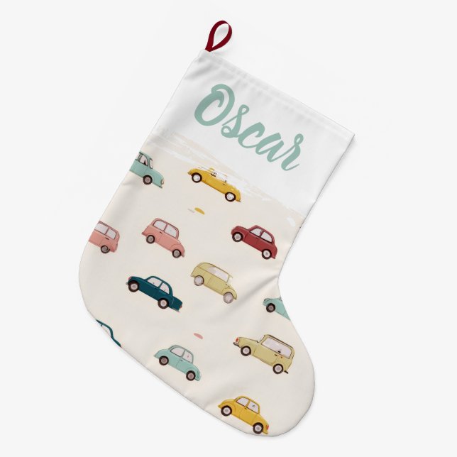Personalized Name Festive Cars Christmas Stocking (Front (Hanging))