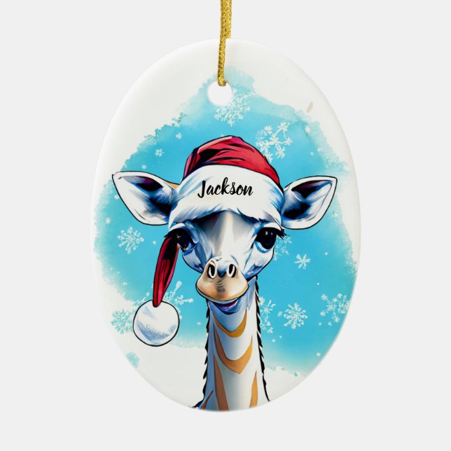 Personalized Name Festive Santa Giraffe Christmas  Ceramic Ornament (Front)