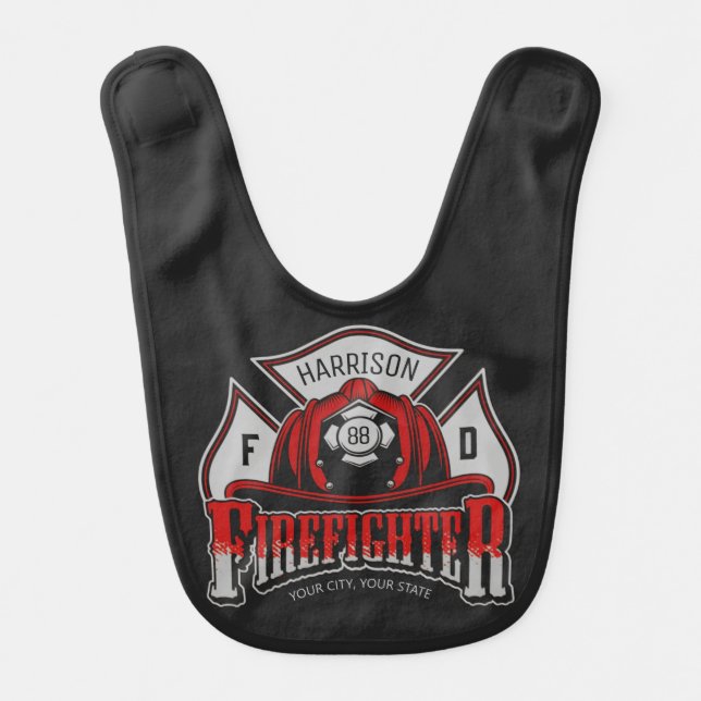 Personalized NAME Firefighter Helmet Fire Rescue Baby Bib (Front)