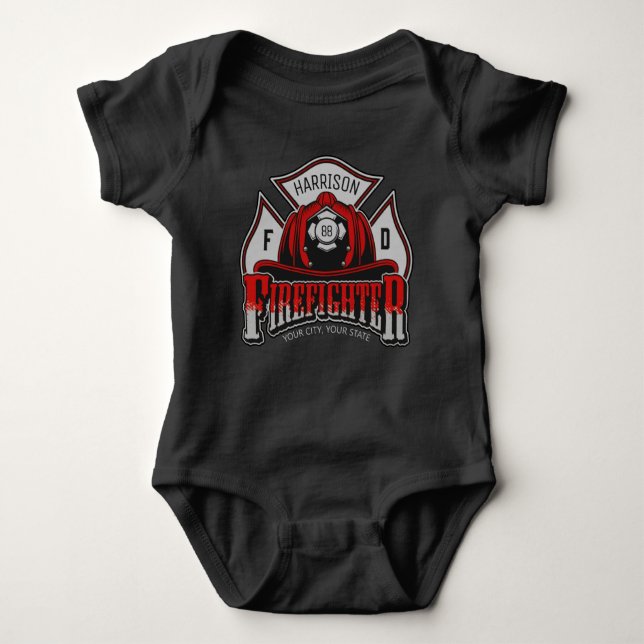 Personalized NAME Firefighter Helmet Fire Rescue Baby Bodysuit (Front)