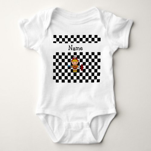 Personalized name fireman black and white checkers baby bodysuit