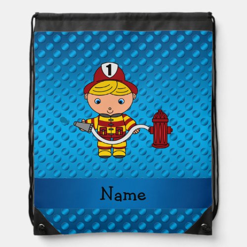 Personalized name fireman blue polka dots drawstring bag