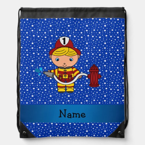 Personalized name fireman blue stars pattern drawstring bag