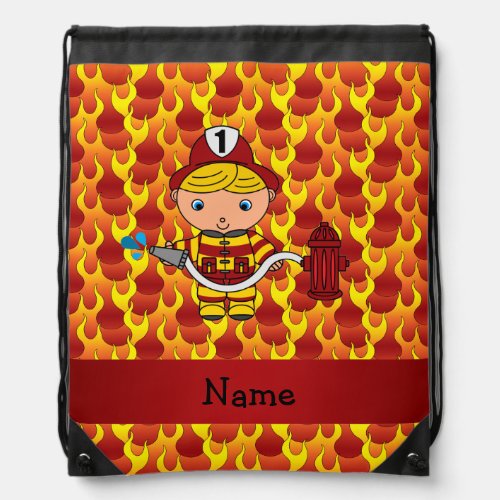 Personalized name fireman flames pattern drawstring bag