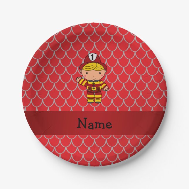 Personalized name fireman red dragon scales paper plates (Front)