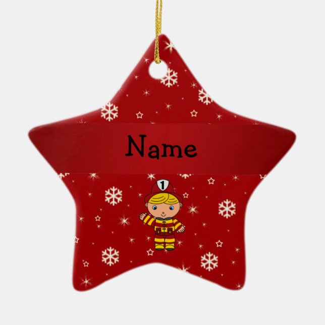 Personalized name fireman red snowflakes ceramic ornament (Front)