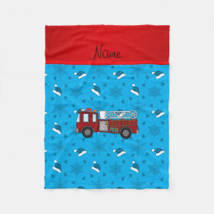 Personalized name firetruck blue santa hats trees fleece blanket