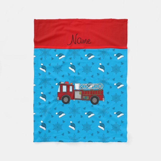 Personalized name firetruck blue santa hats trees fleece blanket (Front)