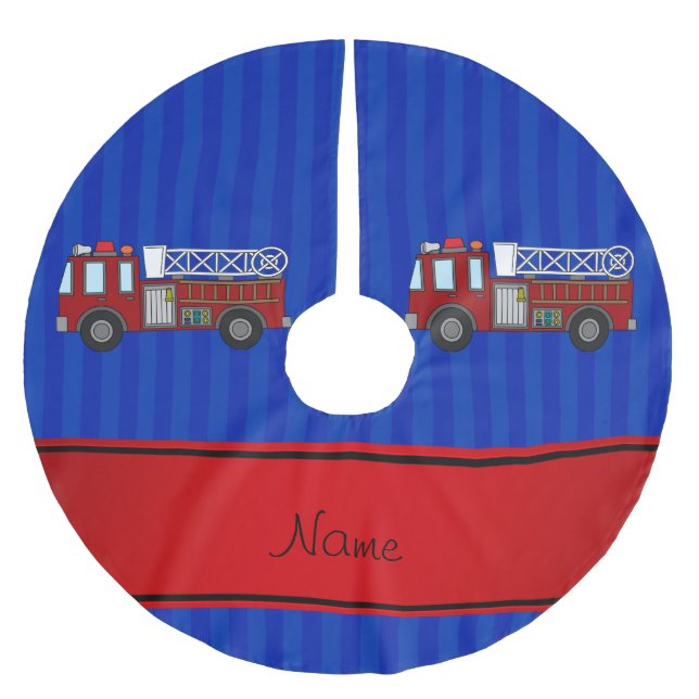 Personalized name firetruck blue stripes brushed polyester tree skirt (Front)