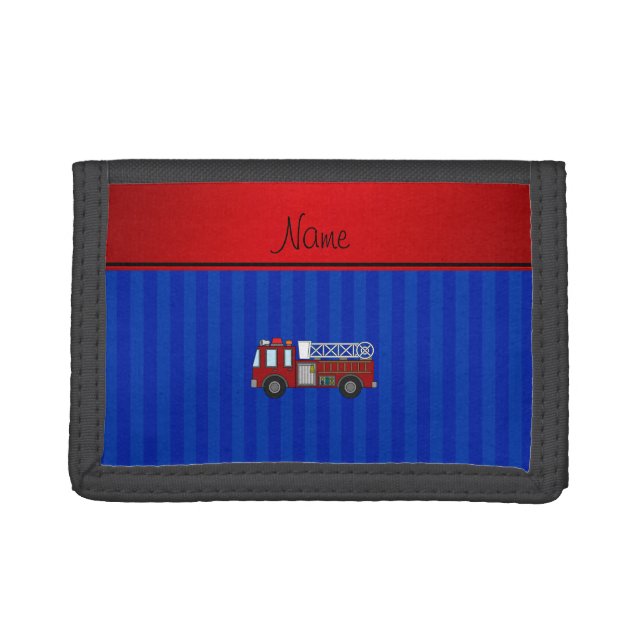 Personalized name firetruck blue stripes tri-fold wallet (Front)