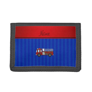 Personalized name firetruck blue stripes trifold wallet