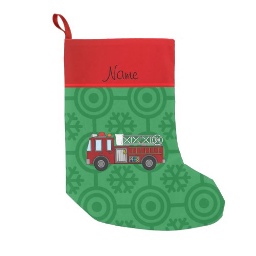 Personalized name firetruck green retro snowflakes small christmas stocking