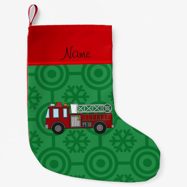 Personalized name firetruck green retro snowflakes small christmas stocking (Front)