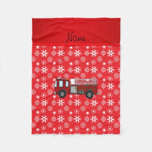 Personalized name firetruck red white snowflakes fleece blanket