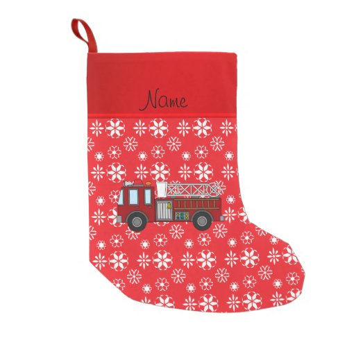 Personalized name firetruck red white snowflakes small christmas stocking