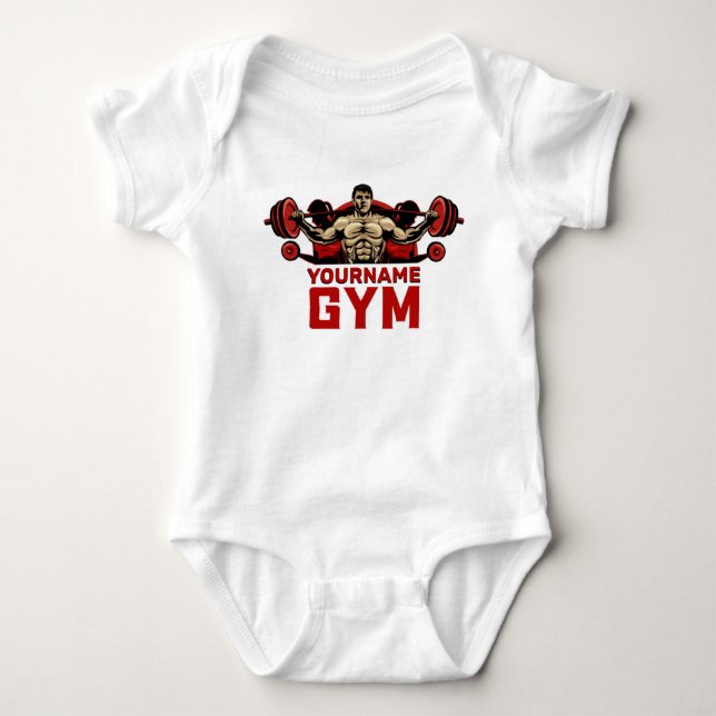 Personalized NAME Fitness Home GYM Weight Lifting Baby Bodysuit (Front)