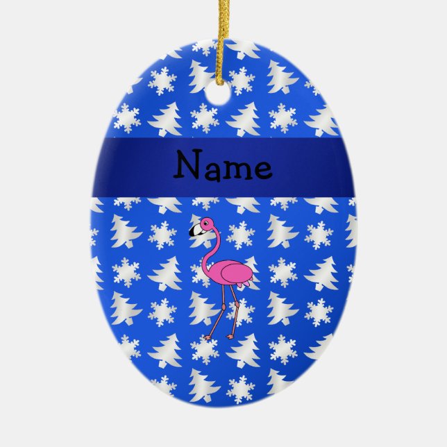 Personalized name flamingo blue snowflakes trees ceramic ornament (Front)